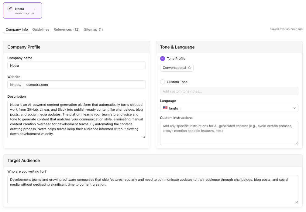 Notra brand profile generated with company information, tone, language, and target audience fields