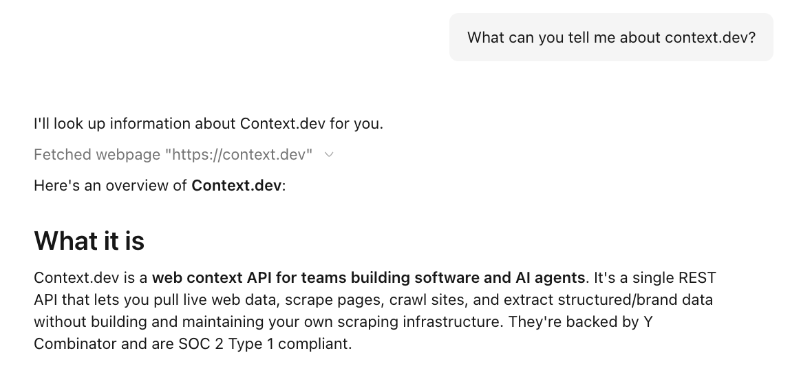 Notra chatbot fetching context.dev and summarizing company information from the fetched webpage