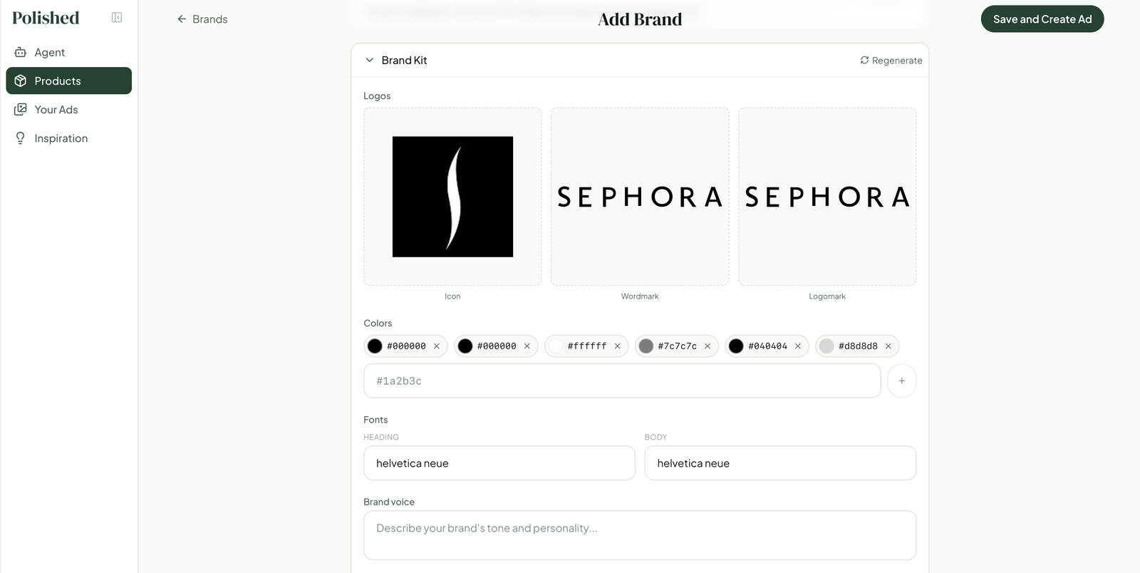 Polished.ad brand kit auto-filled with logos, colors, fonts, and brand voice from Context.dev